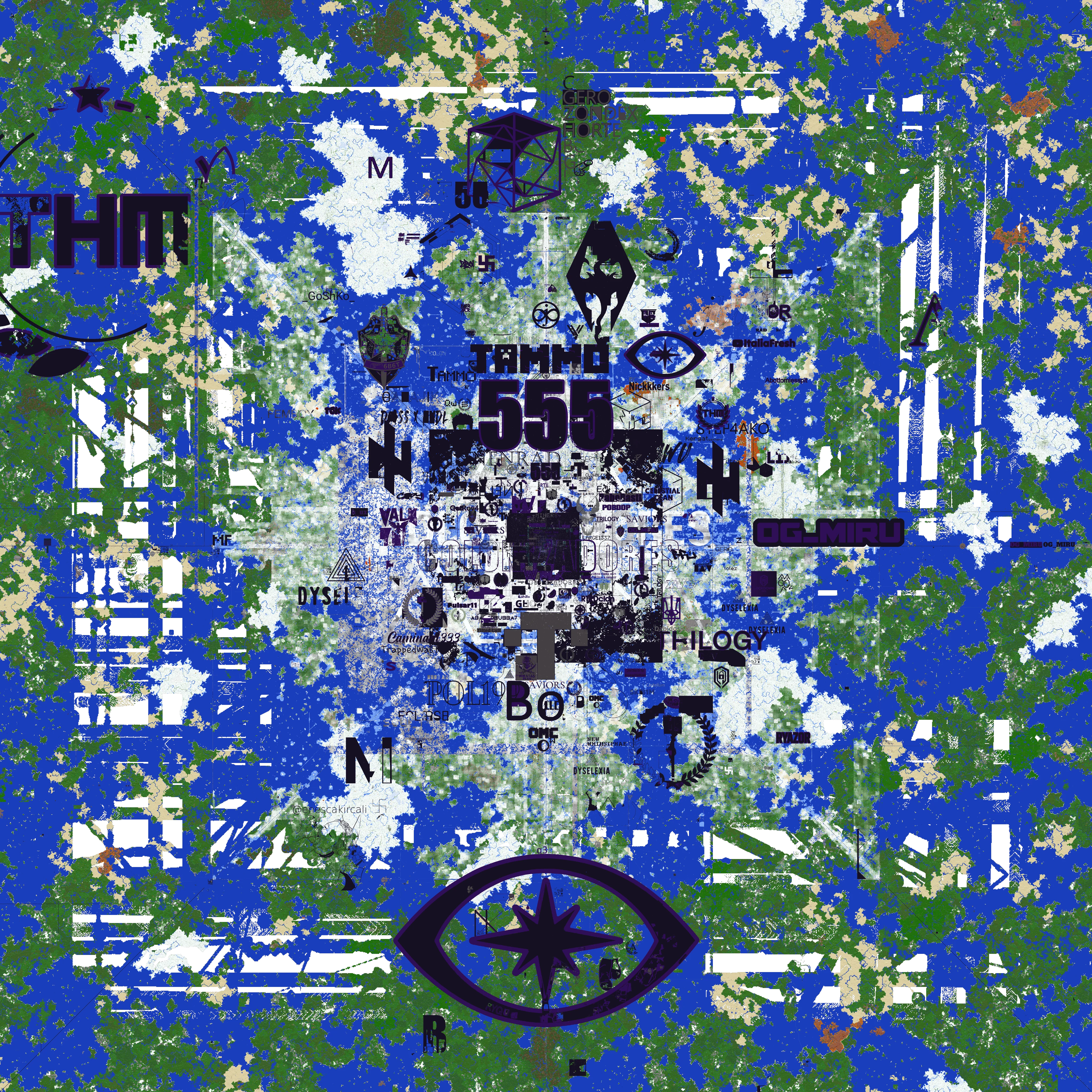 Full overview of the 6b6t Minecraft spawn map — showing lava casts, highways and clan logos